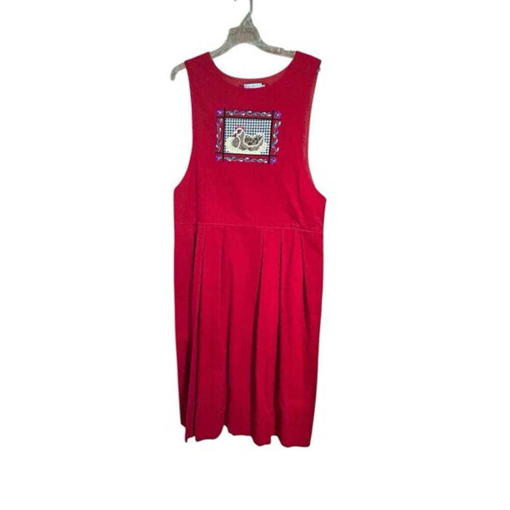 Signature‎ By Northern Isle Red Chicken 80s Dress Embroidered Size 10 Vintage